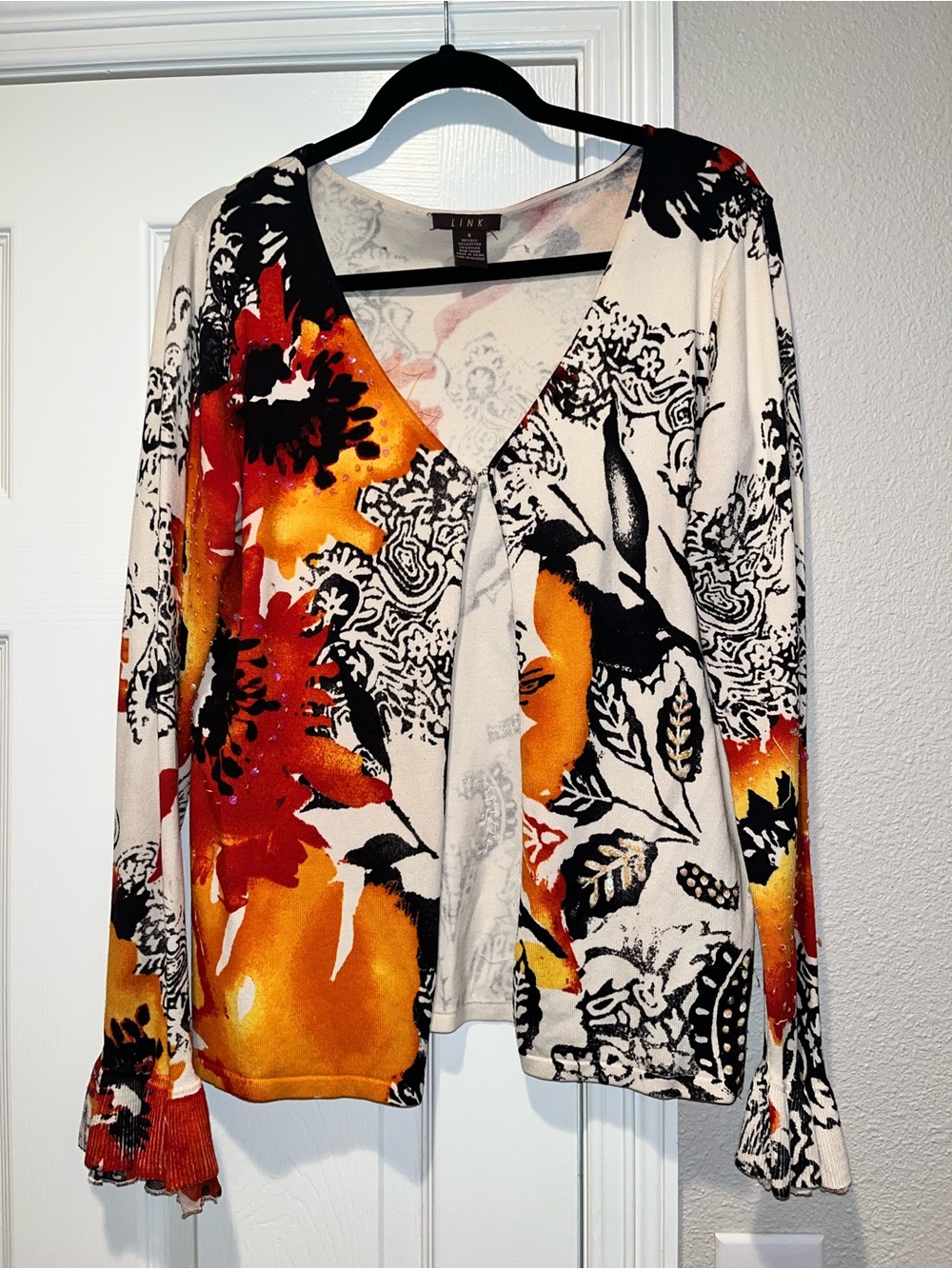 Oversized Lina Floral V-Neck Cardigan - Orange, Black & Cream